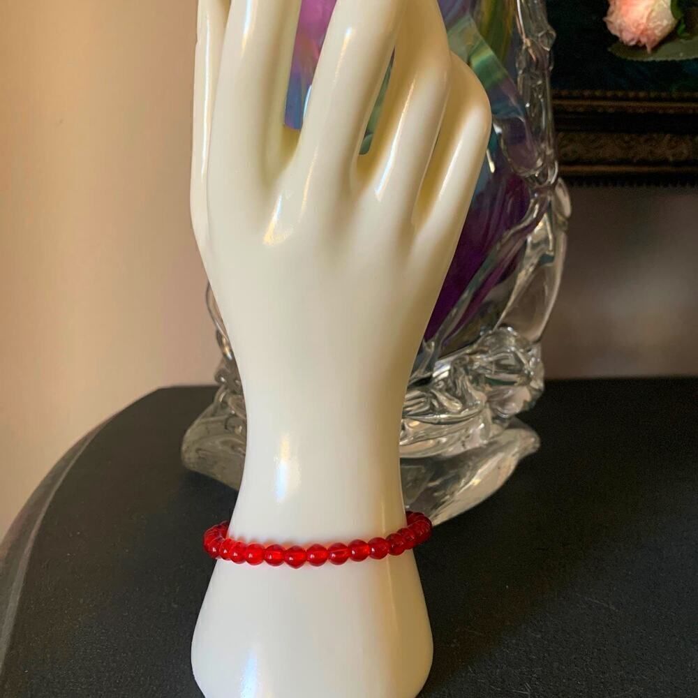 Vintage Red Round Glass Bead Bracelet, Mint, Unmarked
